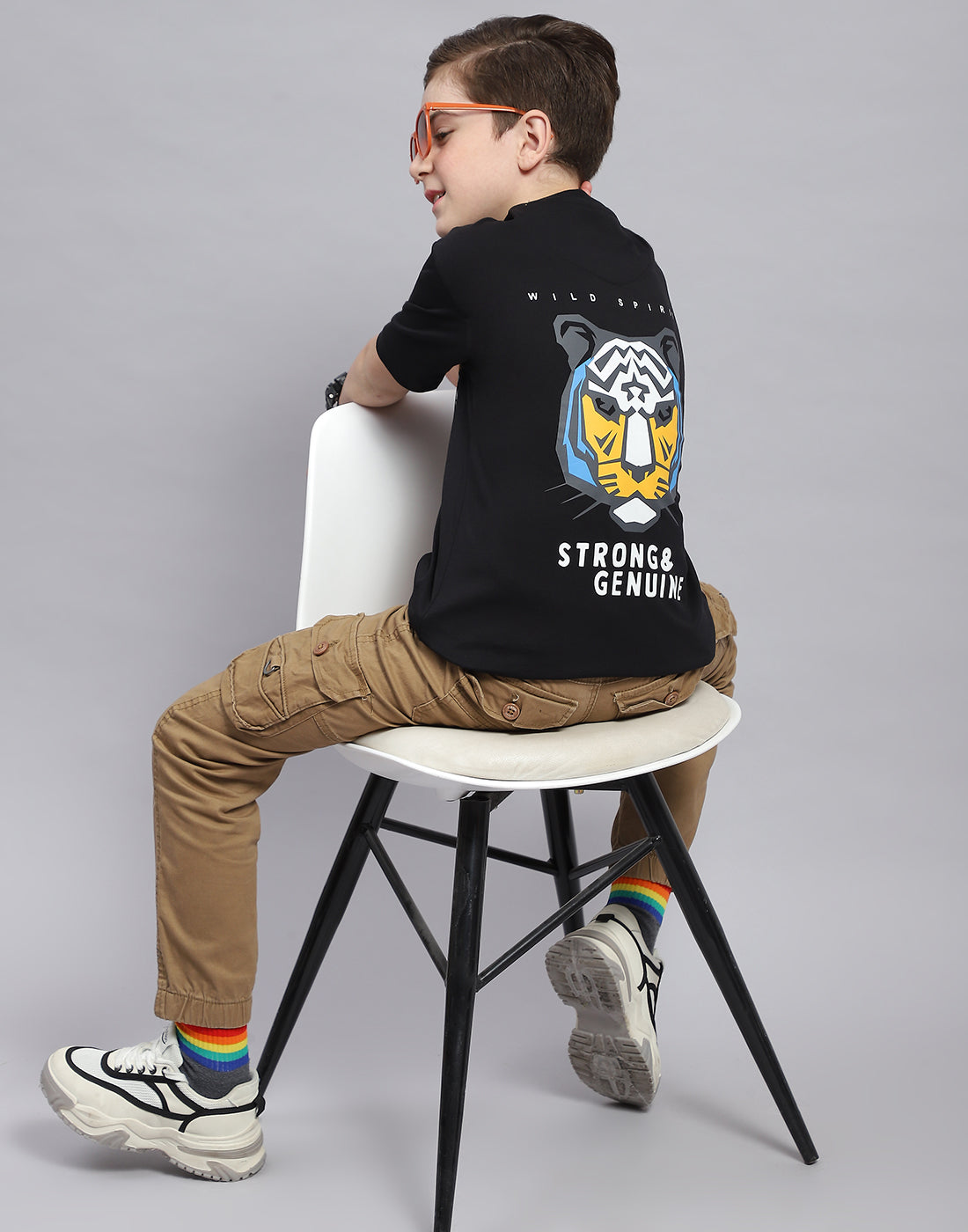 Boys Black Printed Round Neck Half Sleeve T-Shirt