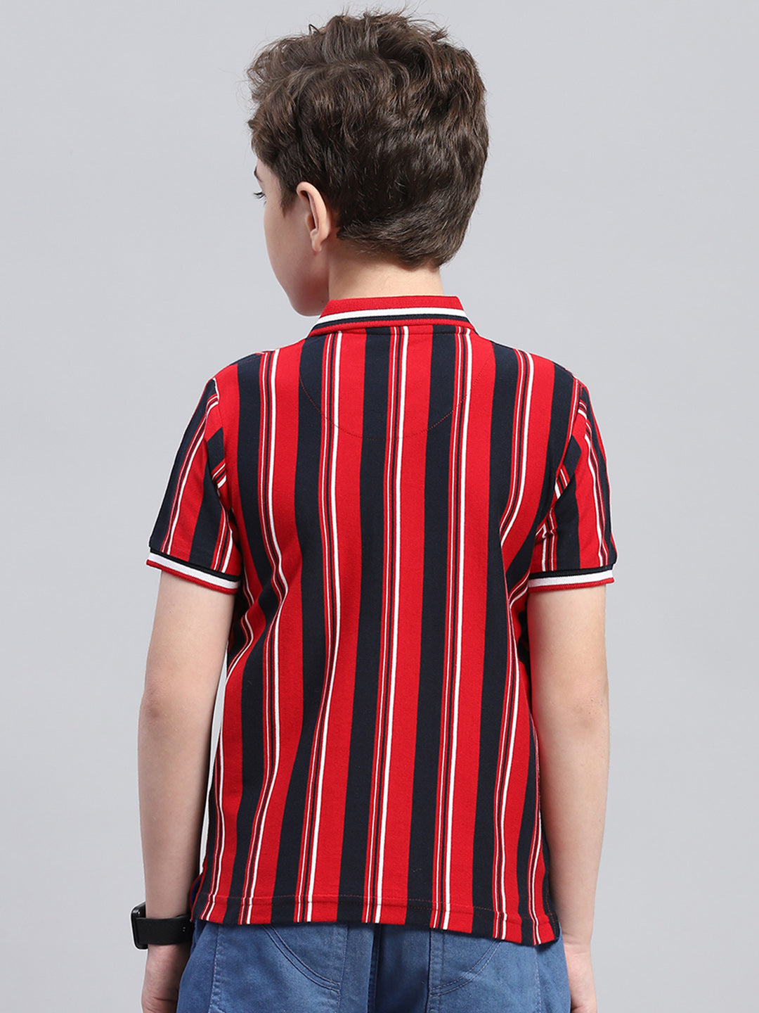 Boys Red Stripe Collar Half Sleeve T-Shirt
