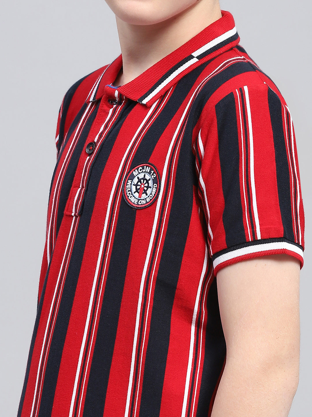 Boys Red Stripe Collar Half Sleeve T-Shirt