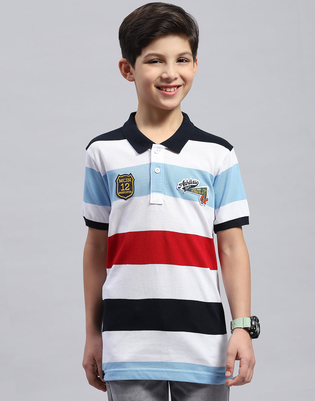 Boys White & Blue Printed Collar Half Sleeve T-Shirt
