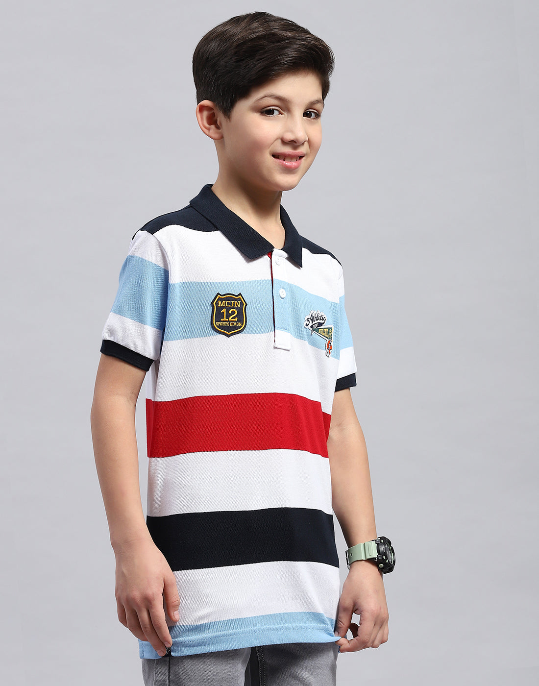 Boys White & Blue Printed Collar Half Sleeve T-Shirt