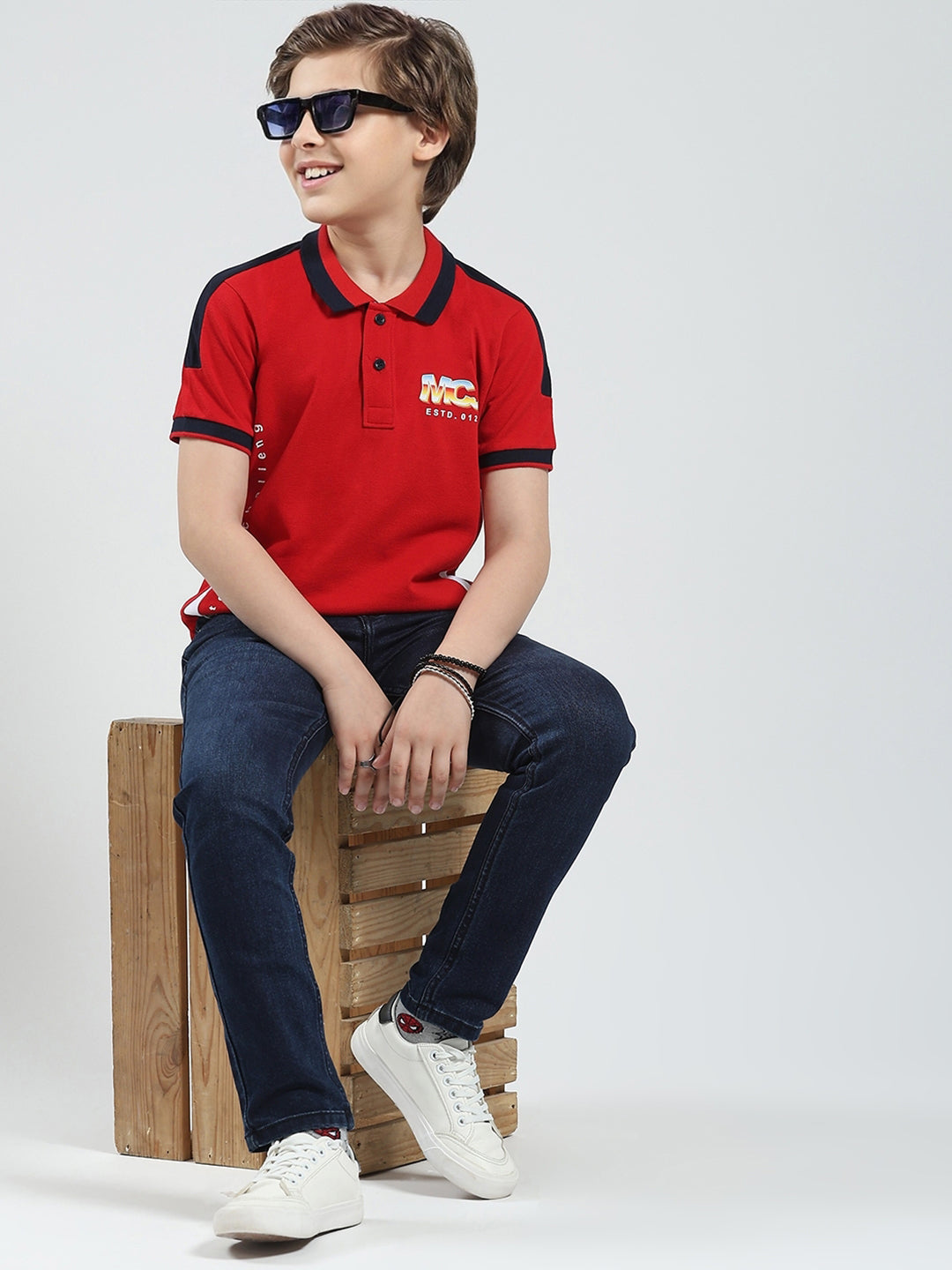 Boys Red Printed Collar Half Sleeve T-Shirt