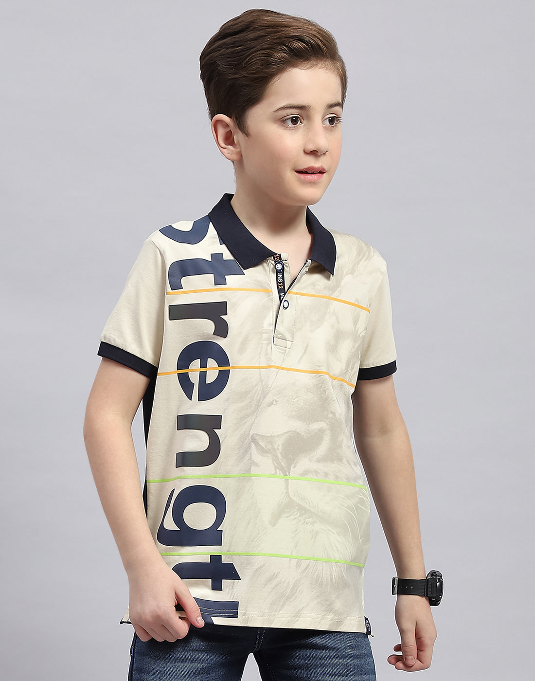 Boys Cream Printed Polo Collar Half Sleeve T-Shirt