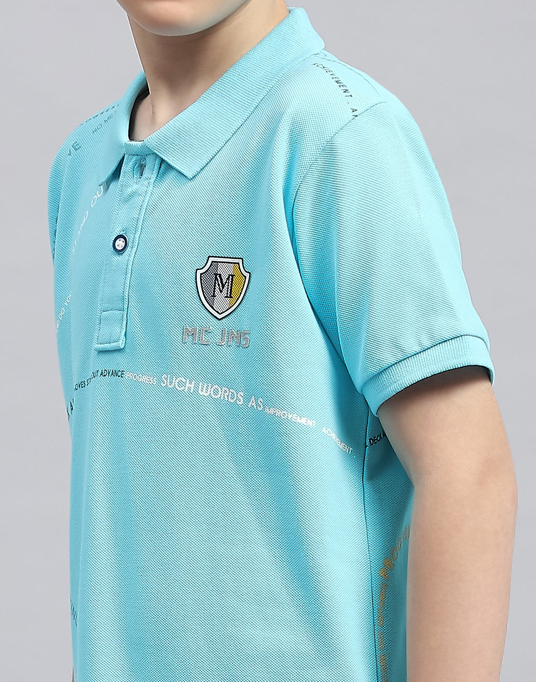 Boys Aqua Blue Printed Polo Collar Half Sleeve T-Shirt