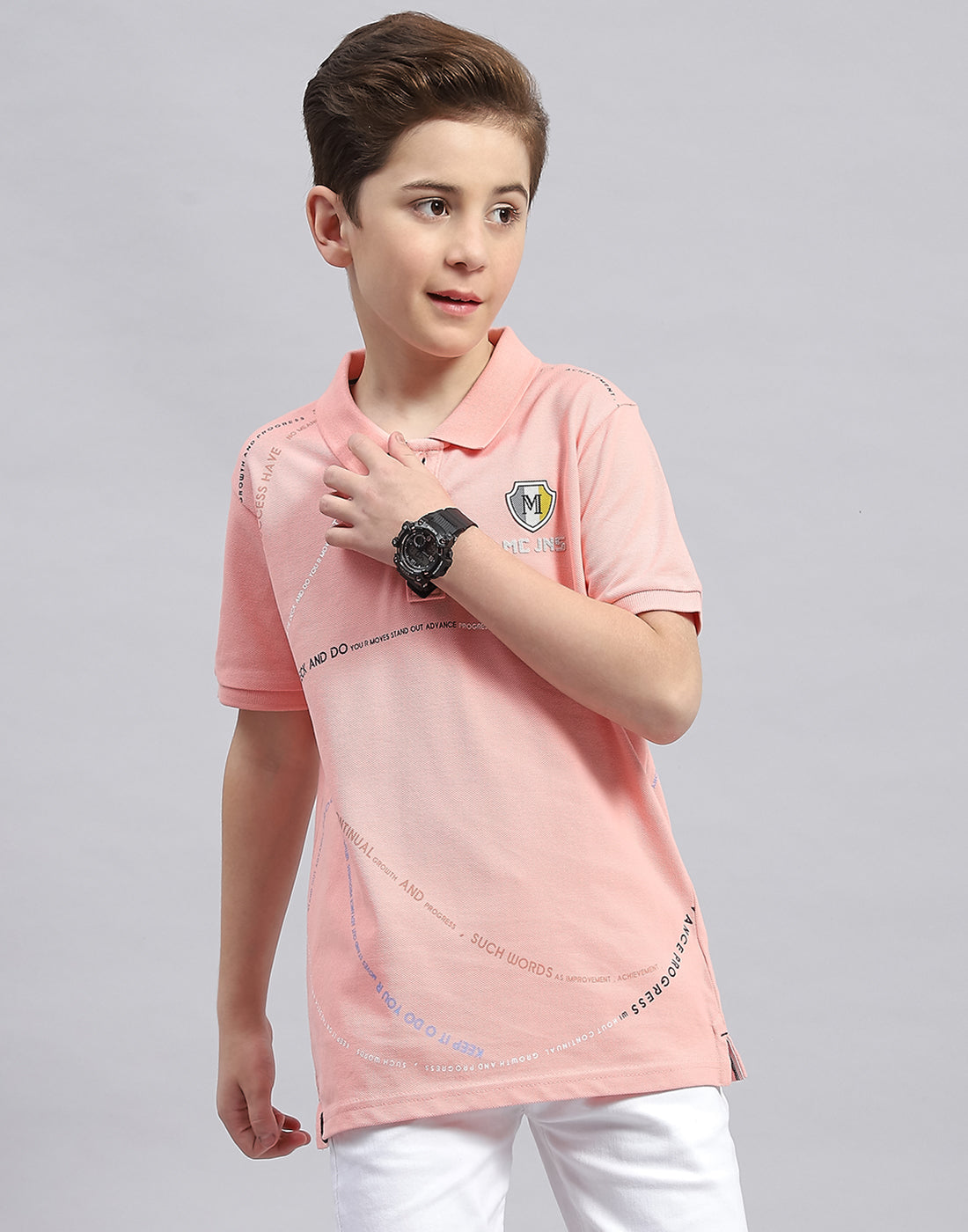 Boys Pink Printed Polo Collar Half Sleeve T-Shirt