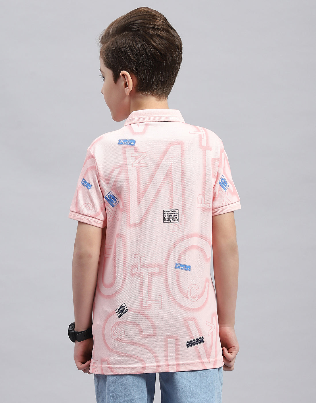 Boys Pink Printed Polo Collar Half Sleeve T-Shirt