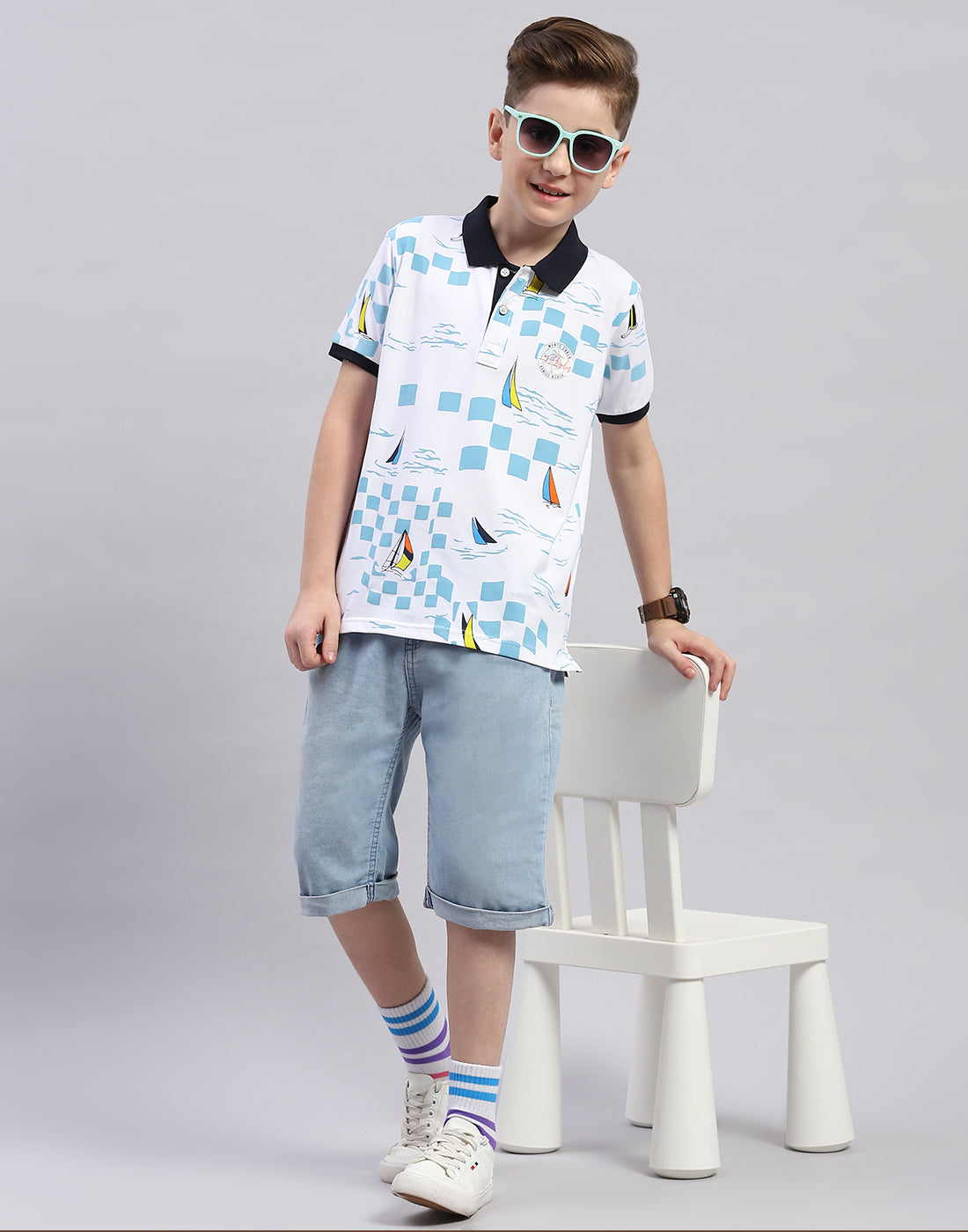Boys White Printed Polo Collar Half Sleeve T-Shirt