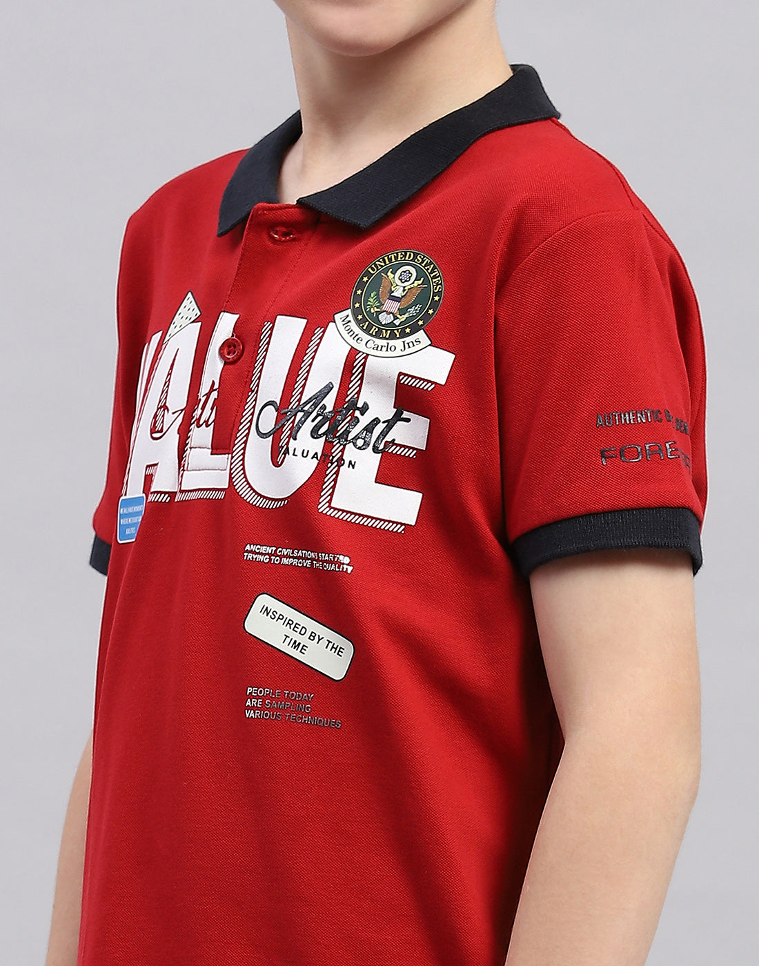 Boys Red Printed Polo Collar Half Sleeve T-Shirt
