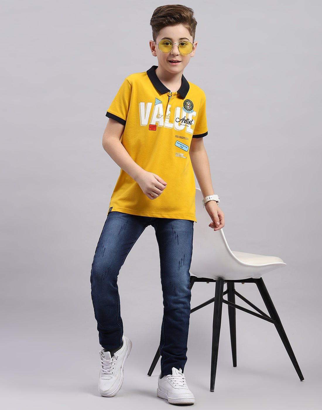 Boys Mustard Printed Polo Collar Half Sleeve T-Shirt