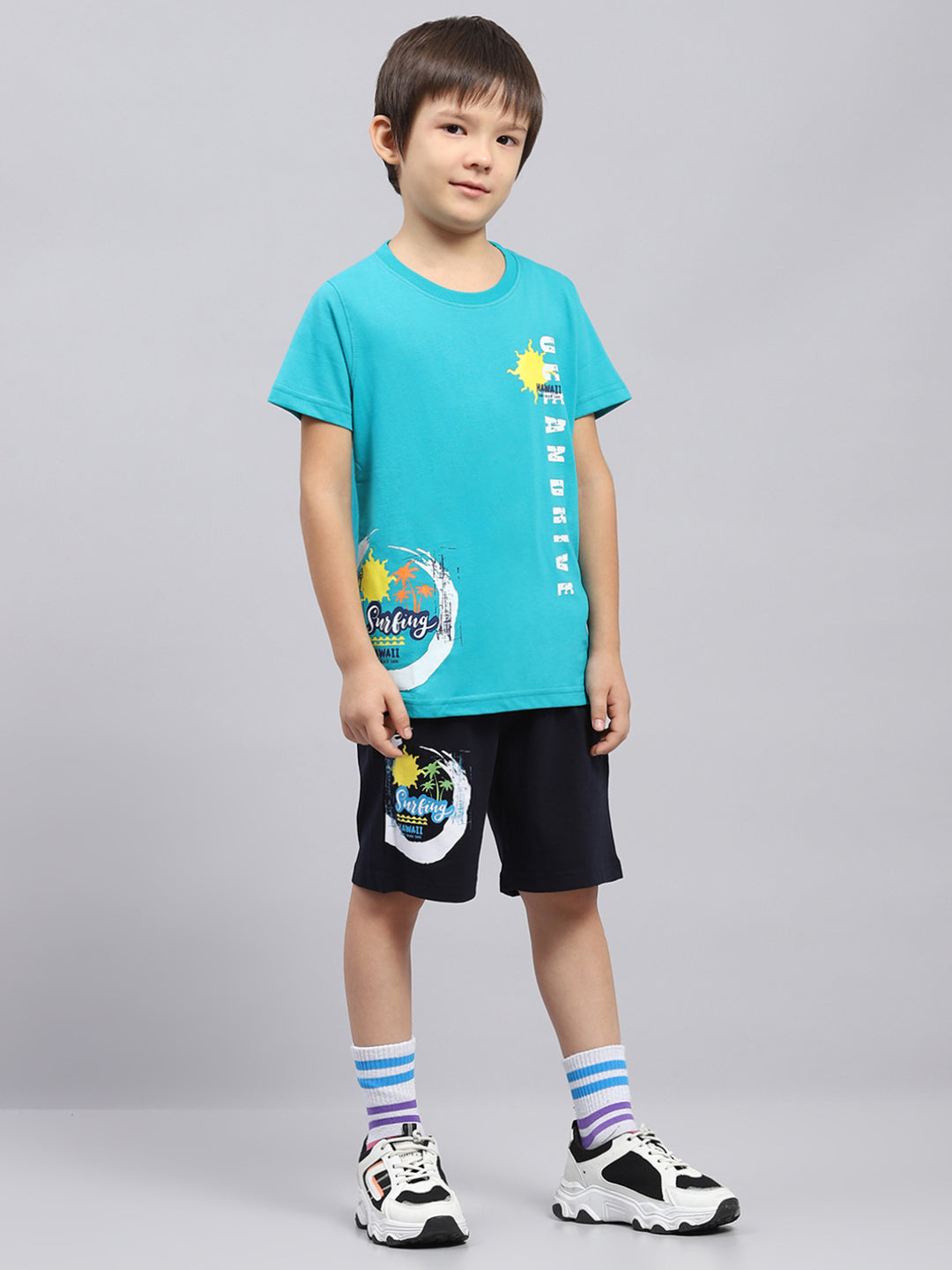 Boys Green & Navy Blue Printed Round Neck Half Sleeve Bermuda Set