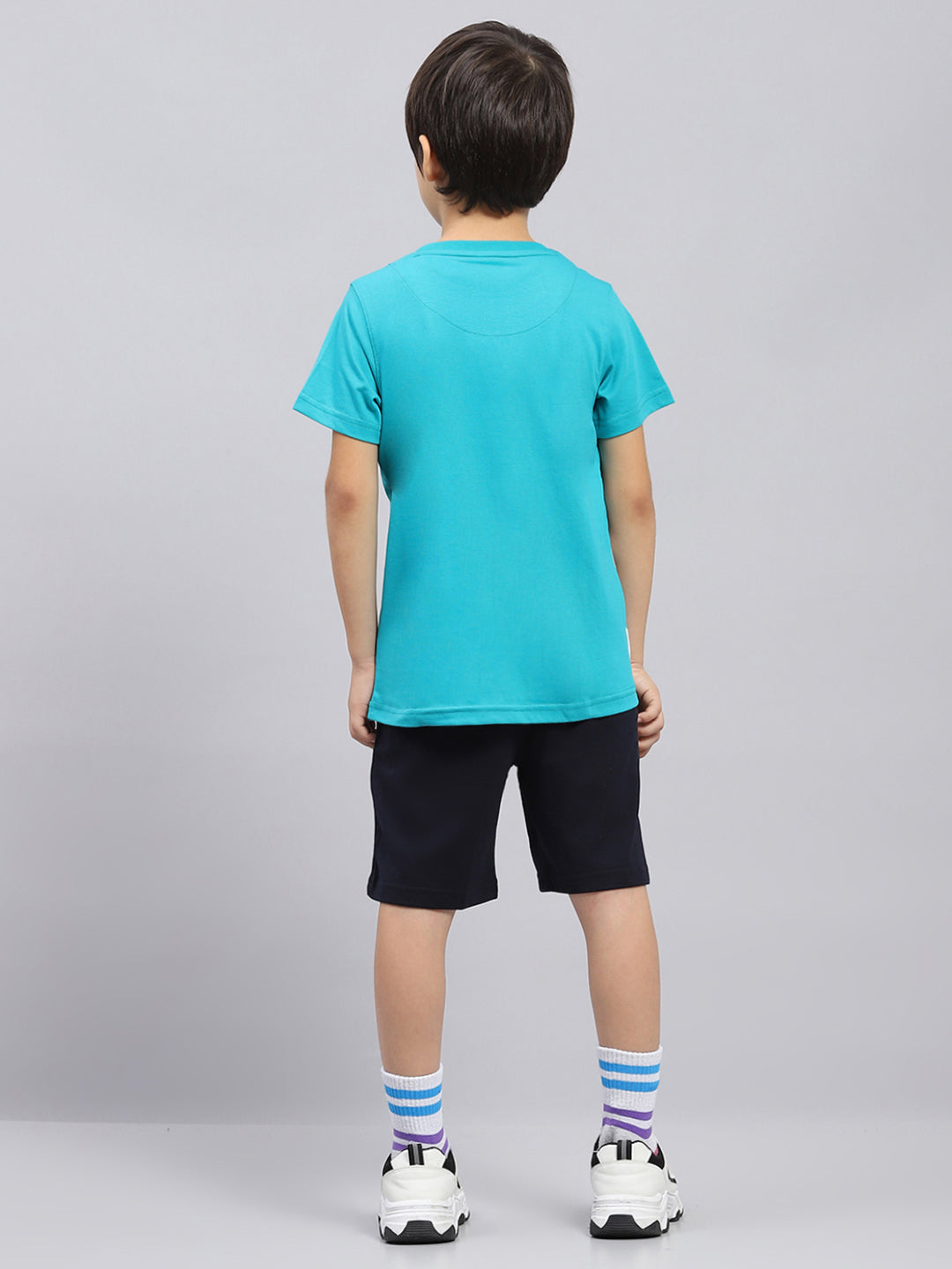 Boys Green & Navy Blue Printed Round Neck Half Sleeve Bermuda Set