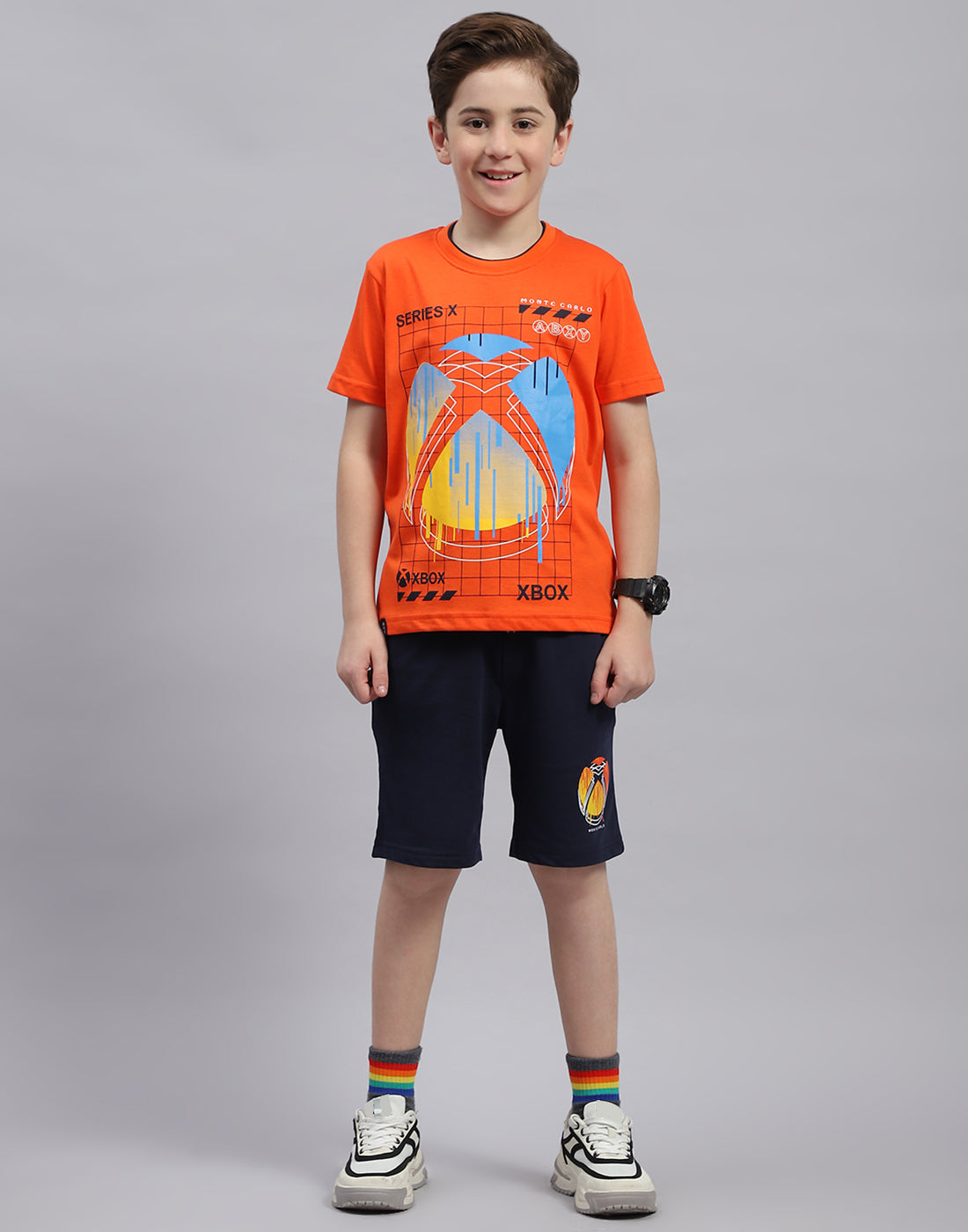 Boys Orange & Navy Blue Printed Round Neck Half Sleeve Bermuda Set