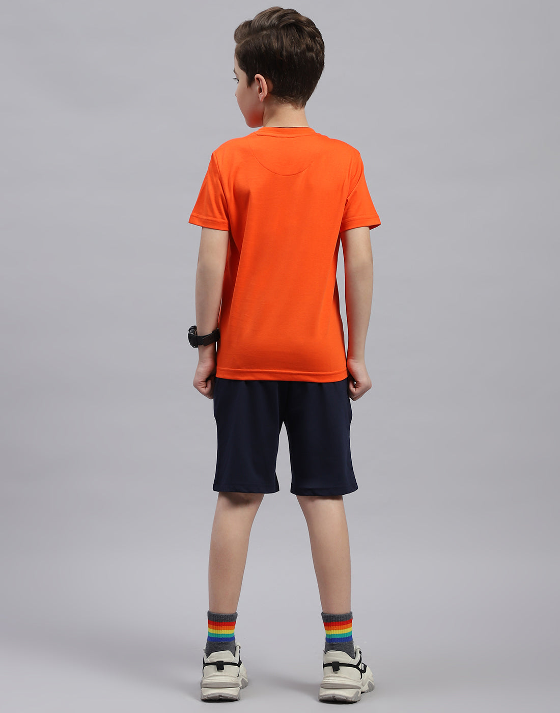 Boys Orange & Navy Blue Printed Round Neck Half Sleeve Bermuda Set
