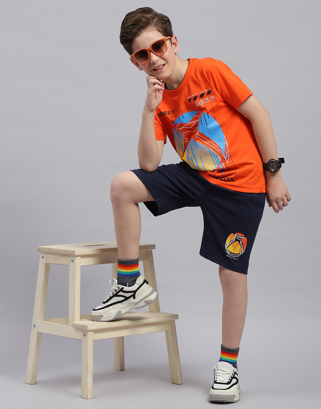 Boys Orange & Navy Blue Printed Round Neck Half Sleeve Bermuda Set