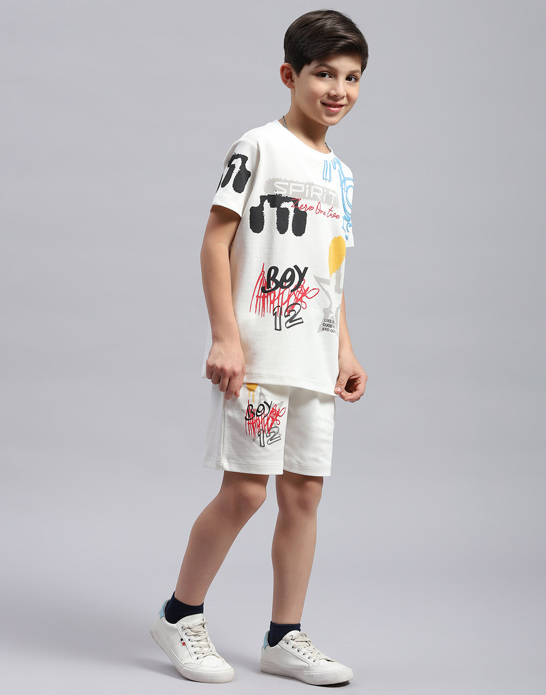 Boys White Printed Round Neck Half Sleeve Bermuda Set