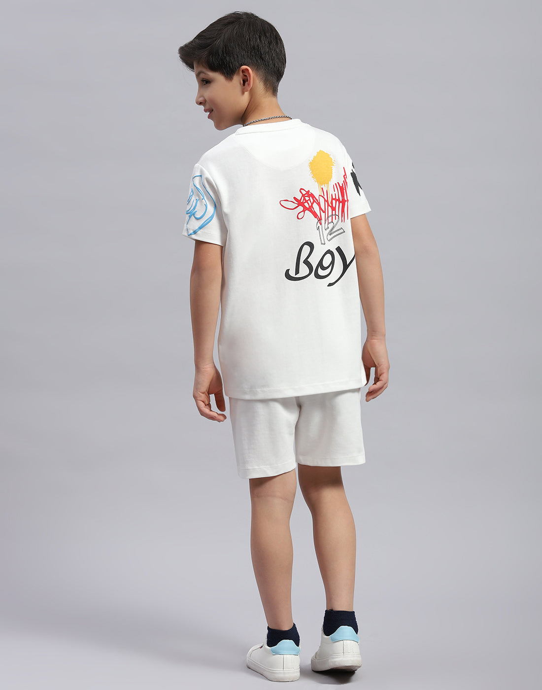 Boys White Printed Round Neck Half Sleeve Bermuda Set