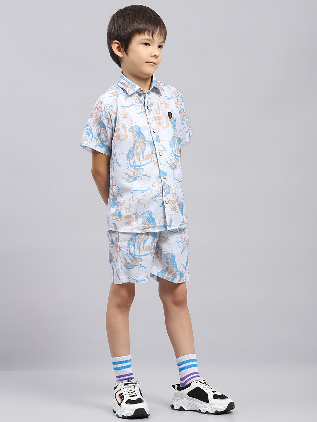 Boys Blue Printed Collar Half Sleeve Bermuda Set