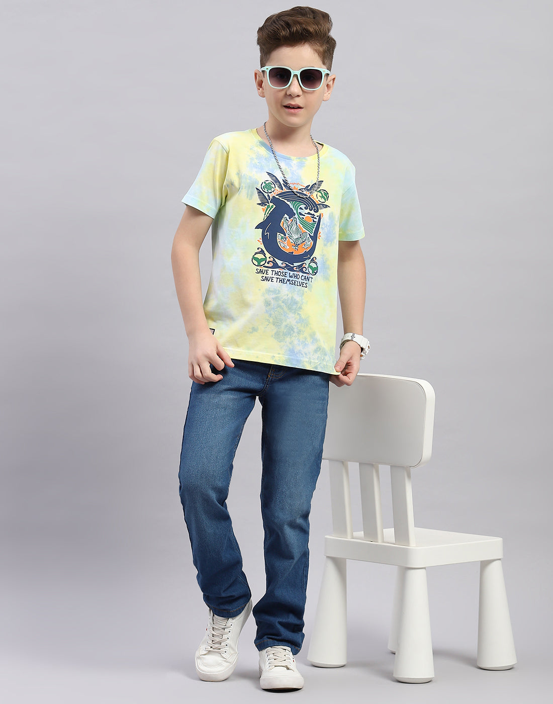 Boys Yellow Printed Round Neck Half Sleeve T-Shirt