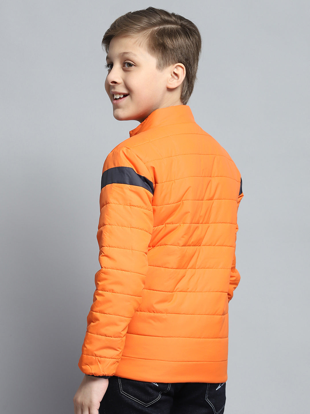 Boys Orange Printed Mock Neck Full Sleeve Jacket