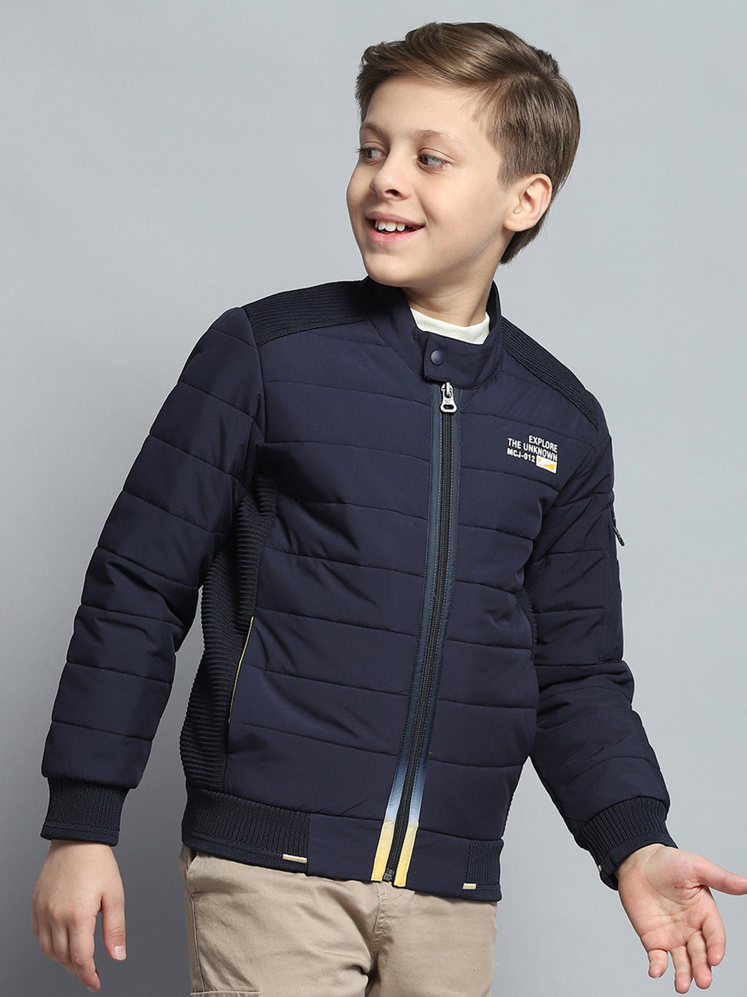 Boys Navy Blue Printed Mock Neck Full Sleeve Jacket