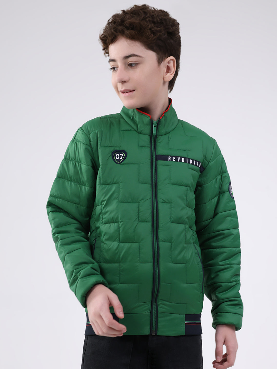Boys Green Solid Mock Neck Full Sleeve Jacket