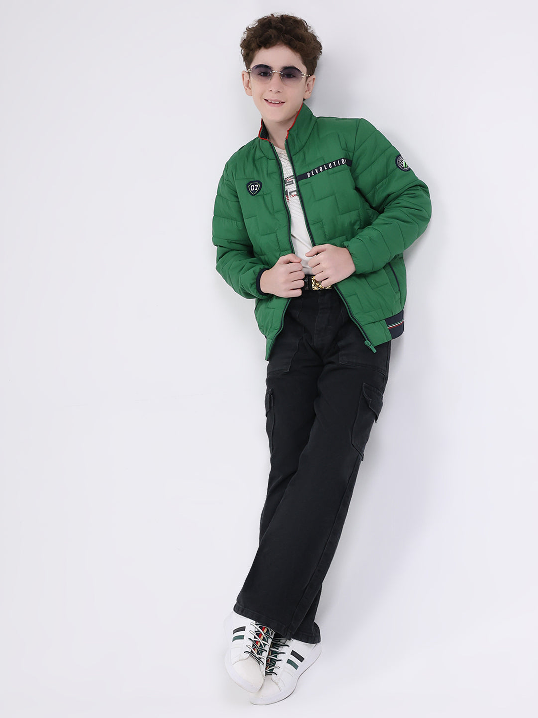 Boys Green Solid Mock Neck Full Sleeve Jacket
