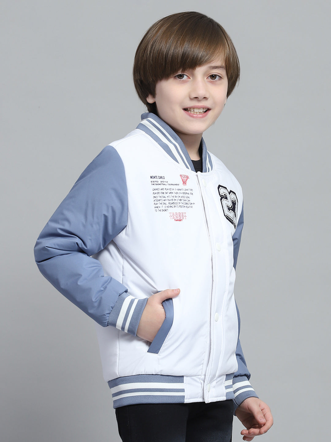 Boys White Printed Band Collar Full Sleeve Jacket