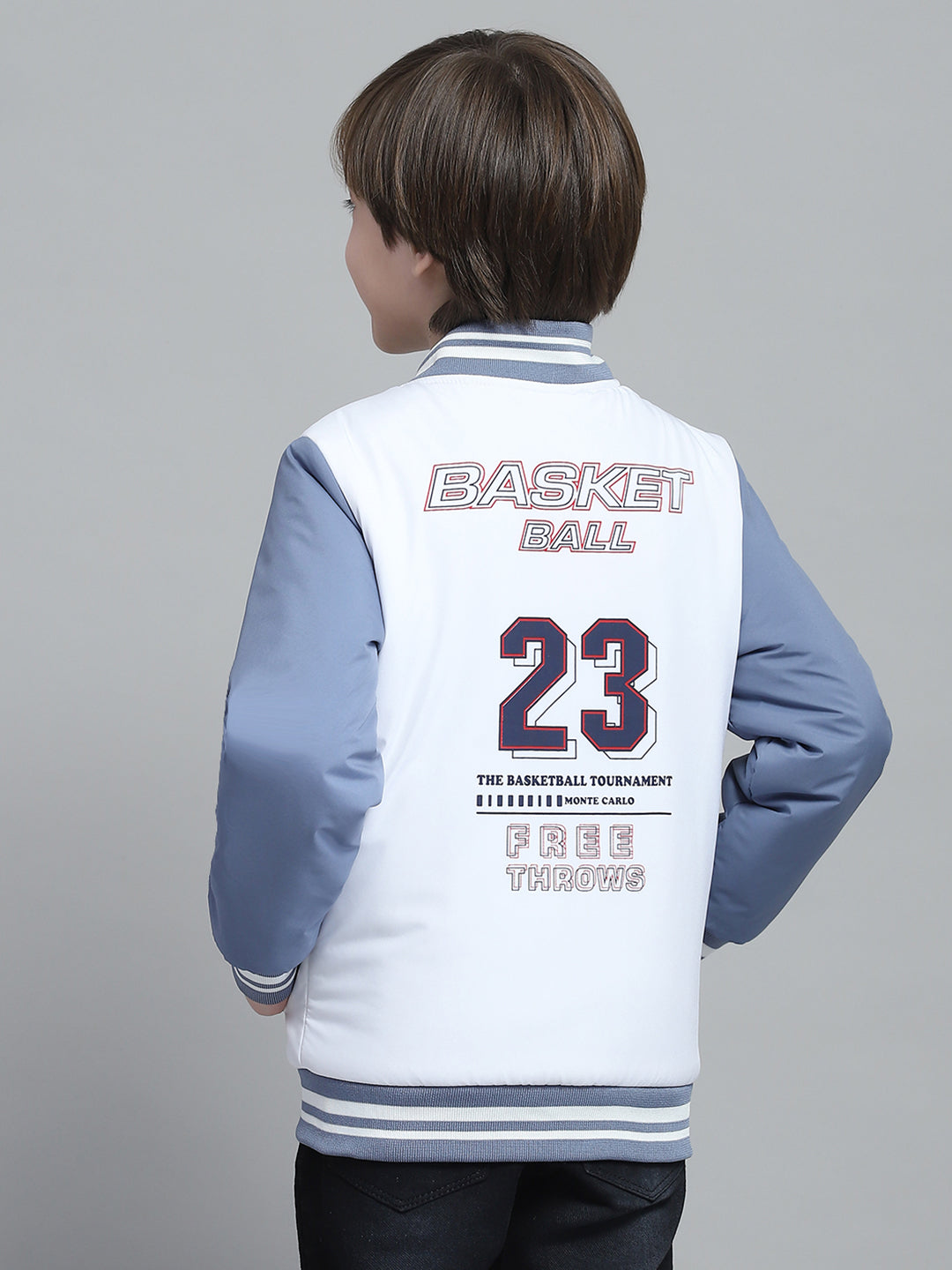 Boys White Printed Band Collar Full Sleeve Jacket