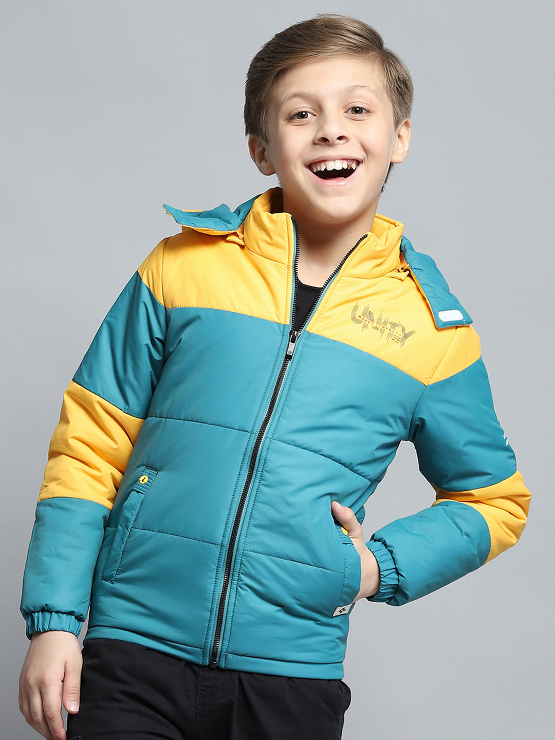 Boys Teal Blue & Yellow Printed Detachable Hood Full Sleeve Jacket