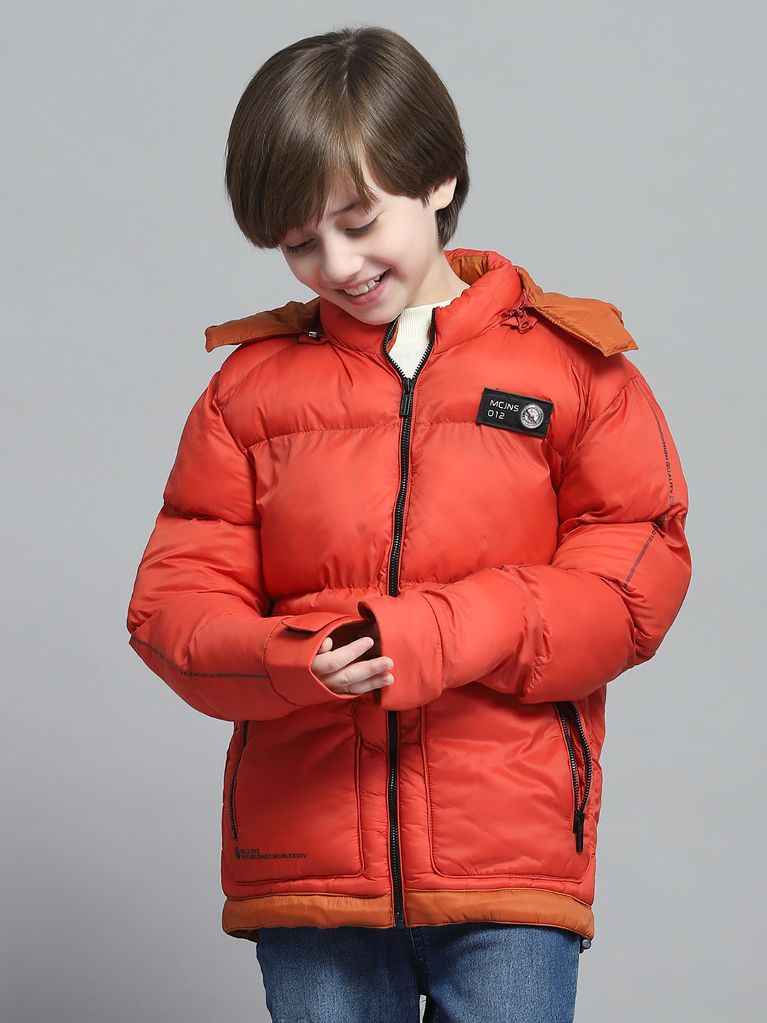 Boys Rust Solid Hooded Full Sleeve Jacket