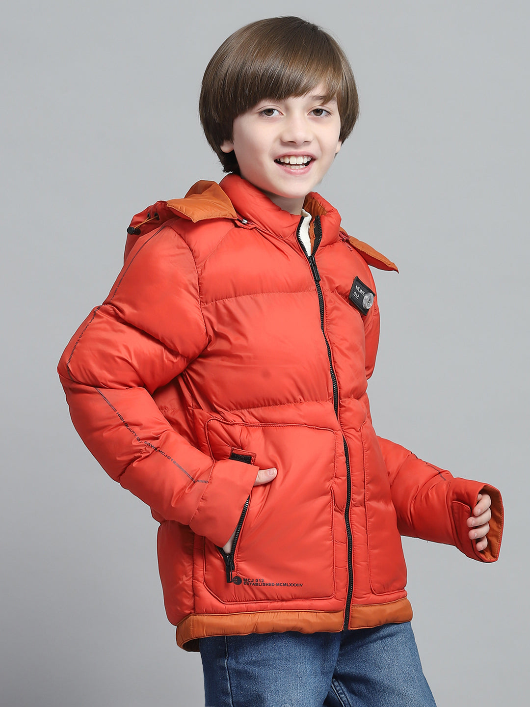 Boys Rust Solid Hooded Full Sleeve Jacket