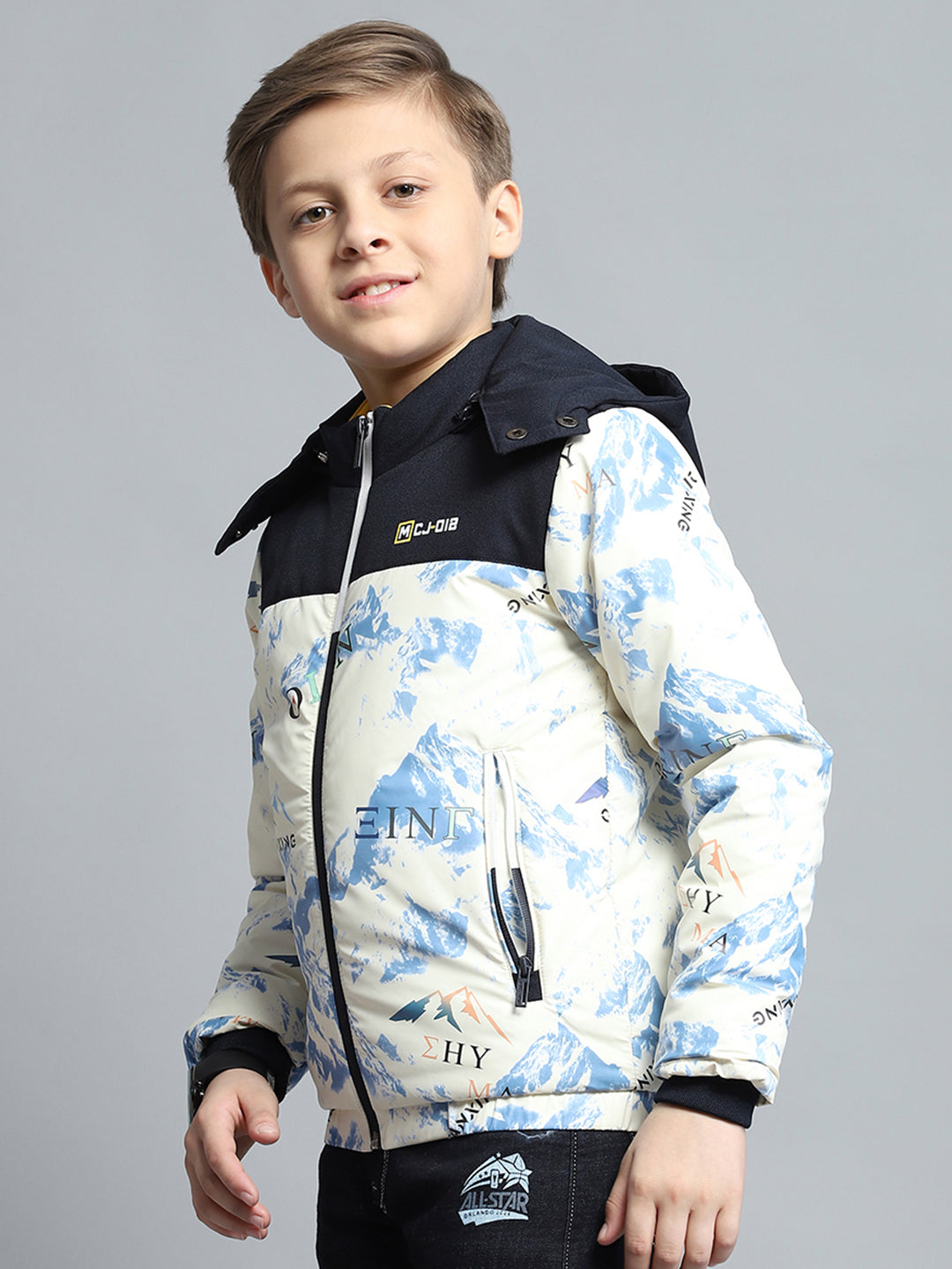 Boys Navy Blue & White Printed Detachable Hood Full Sleeve Jacket