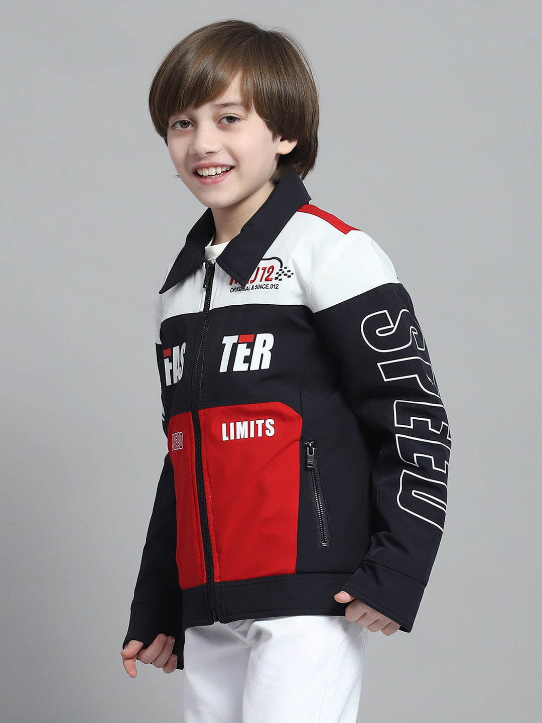 Boys Navy Blue Printed Collar Full Sleeve Jacket