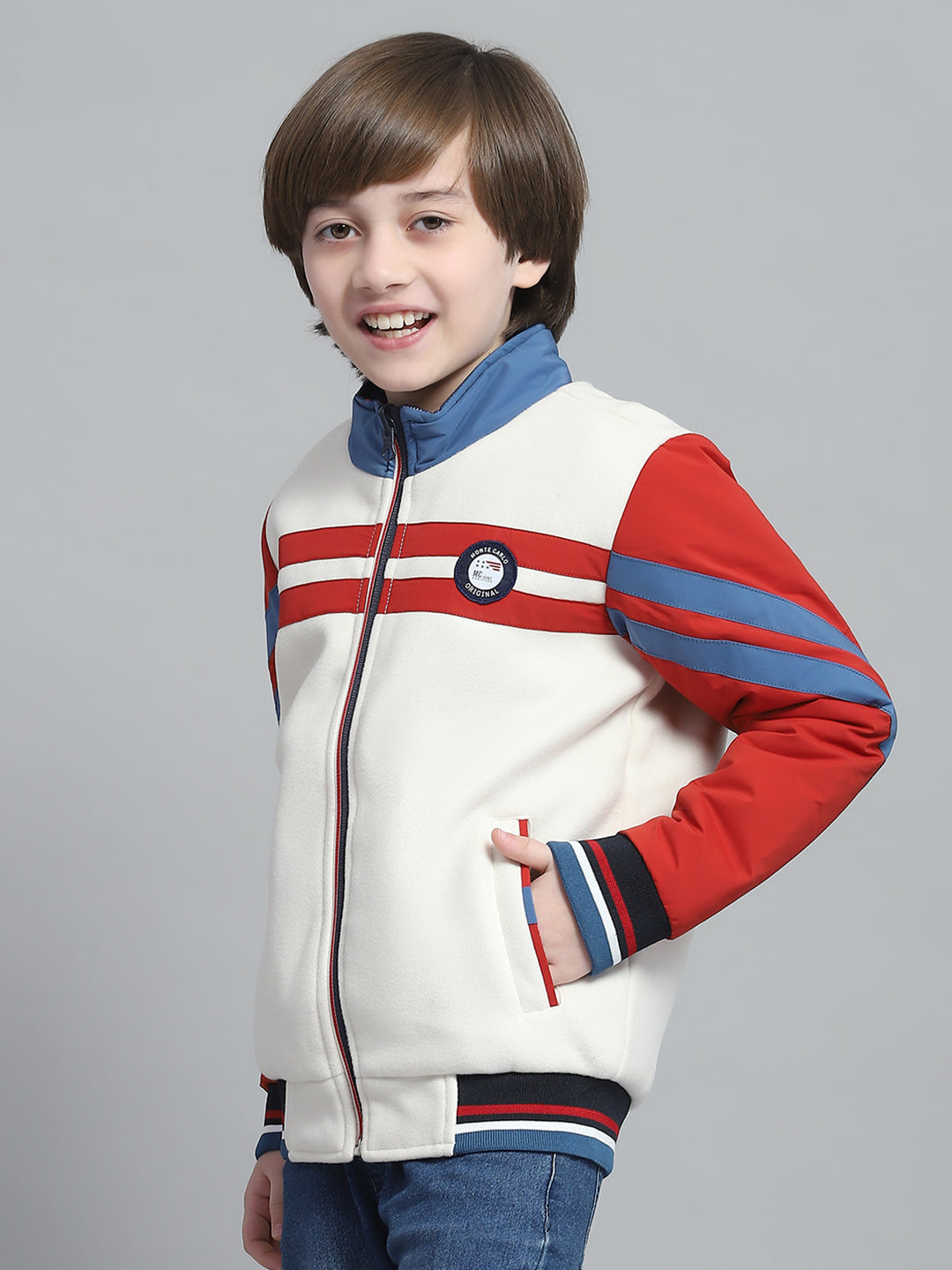 Boys White & Rust Printed Mock Neck Full Sleeve Reversible Jacket