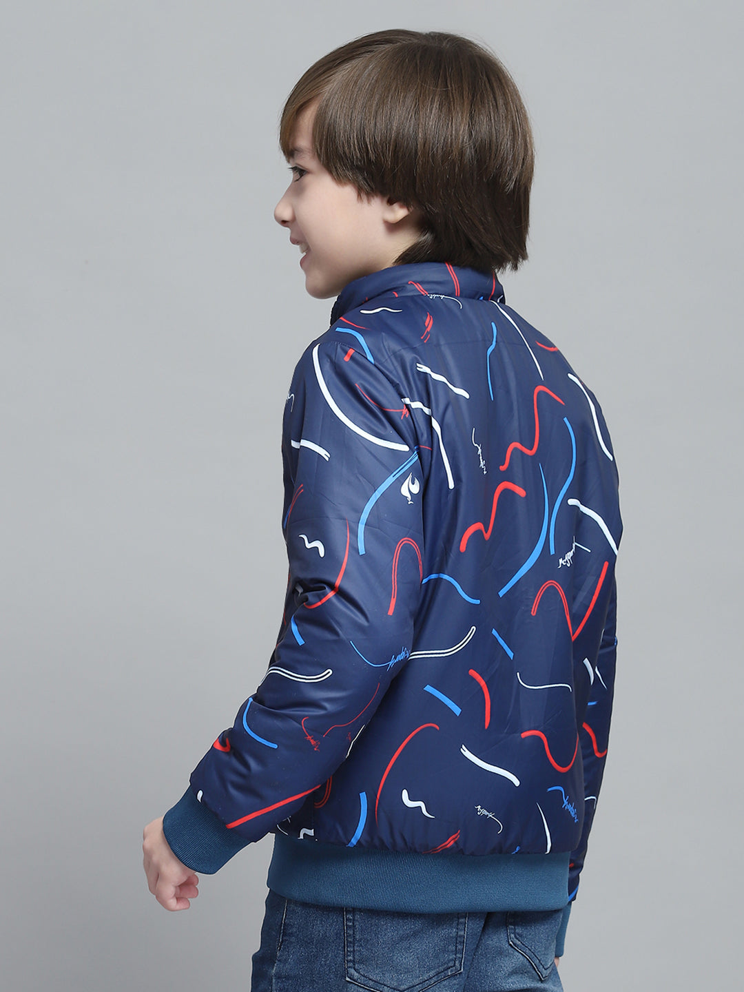 Boys White & Rust Printed Mock Neck Full Sleeve Reversible Jacket