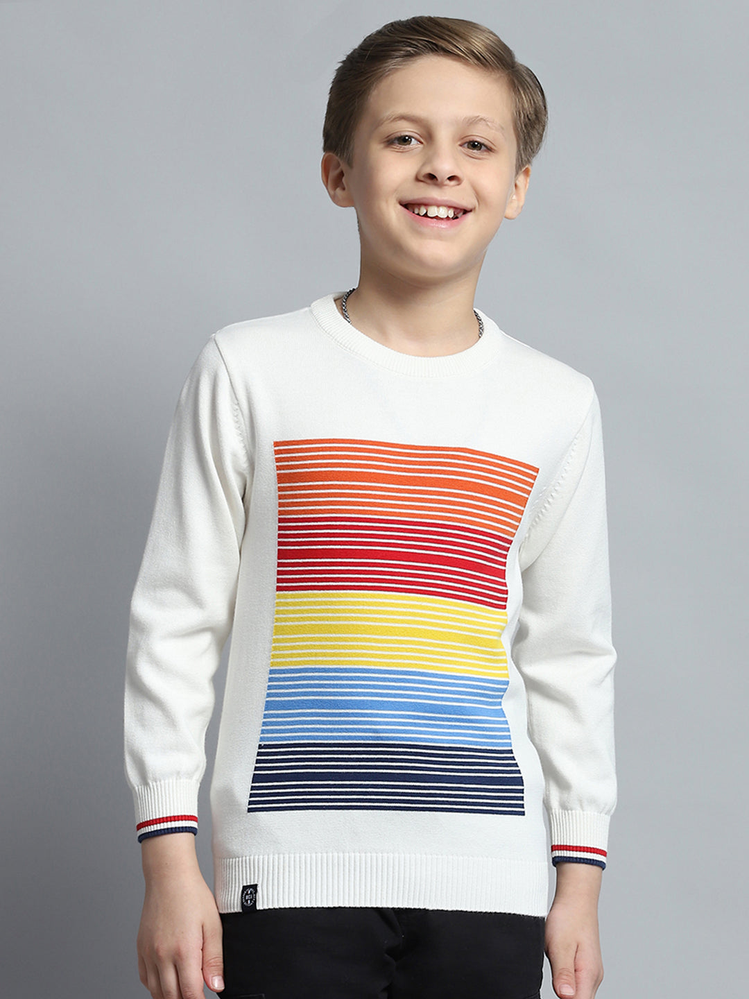 Boys Off White Self Design Round Neck Full Sleeve Pullover