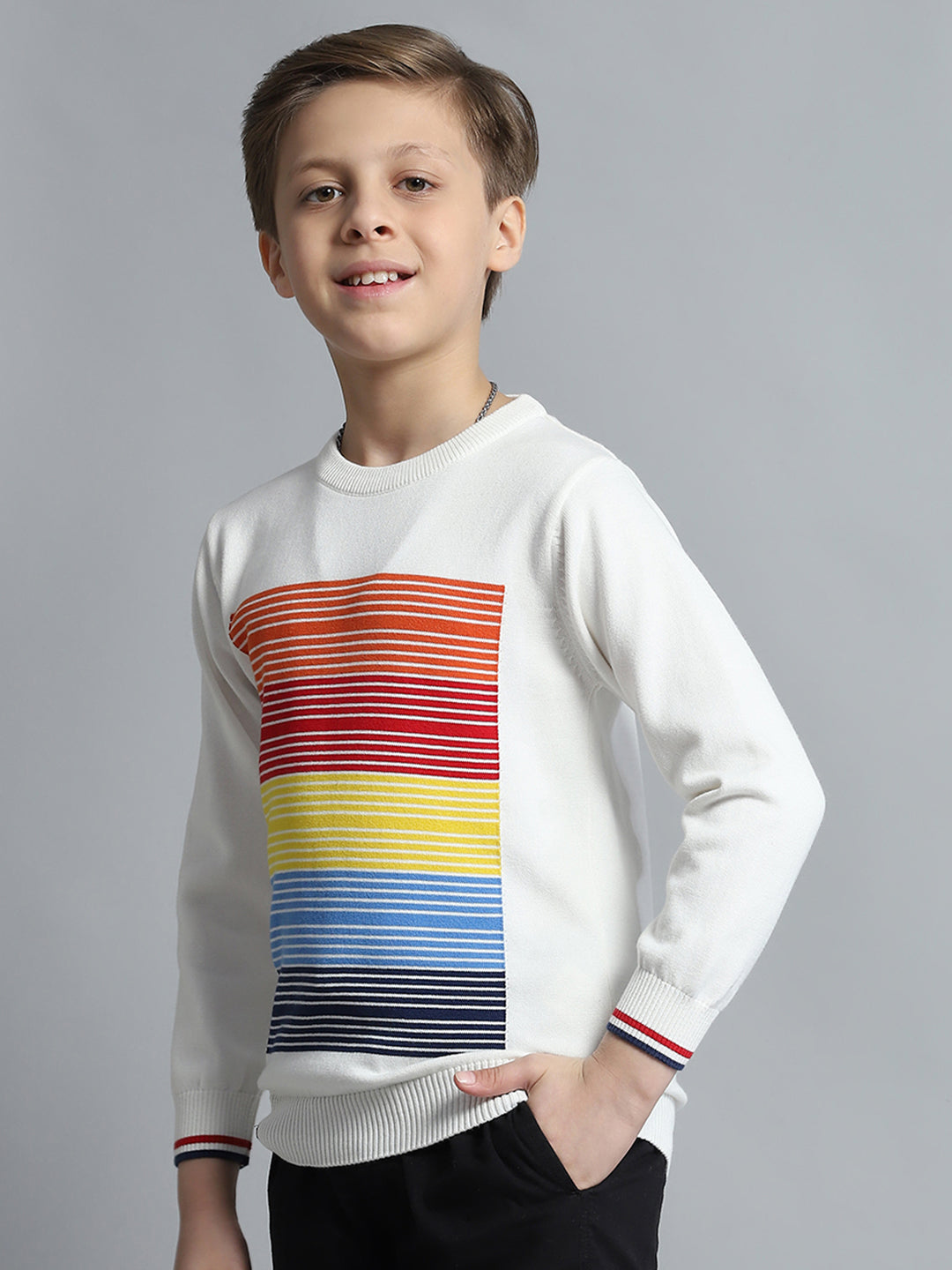 Boys Off White Self Design Round Neck Full Sleeve Pullover