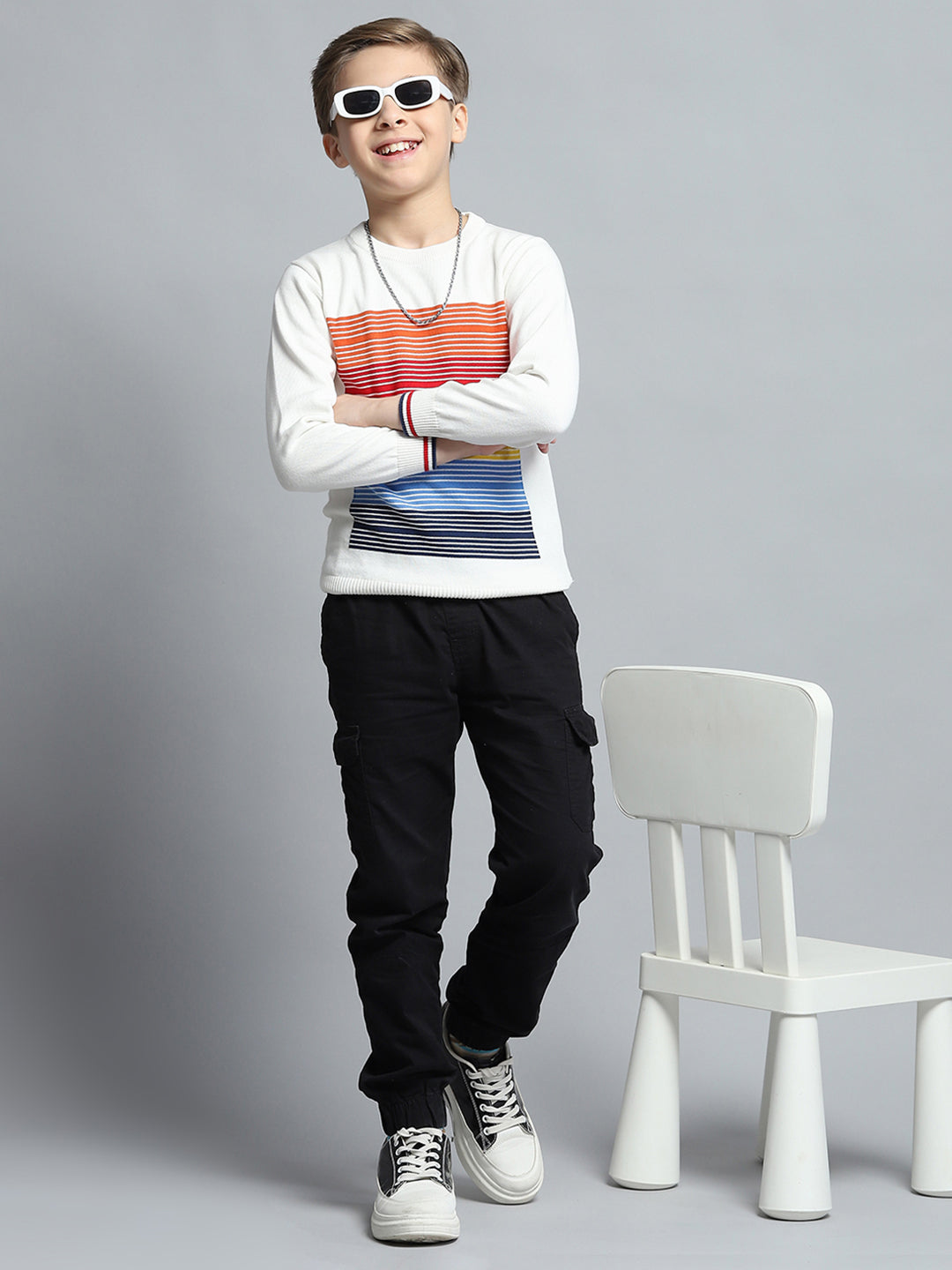 Boys Off White Self Design Round Neck Full Sleeve Pullover
