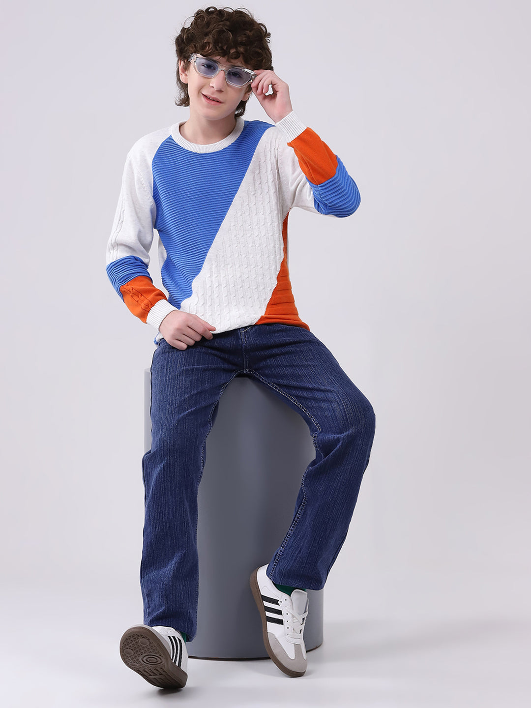 Boys White Self Design Round Neck Full Sleeve Pullover