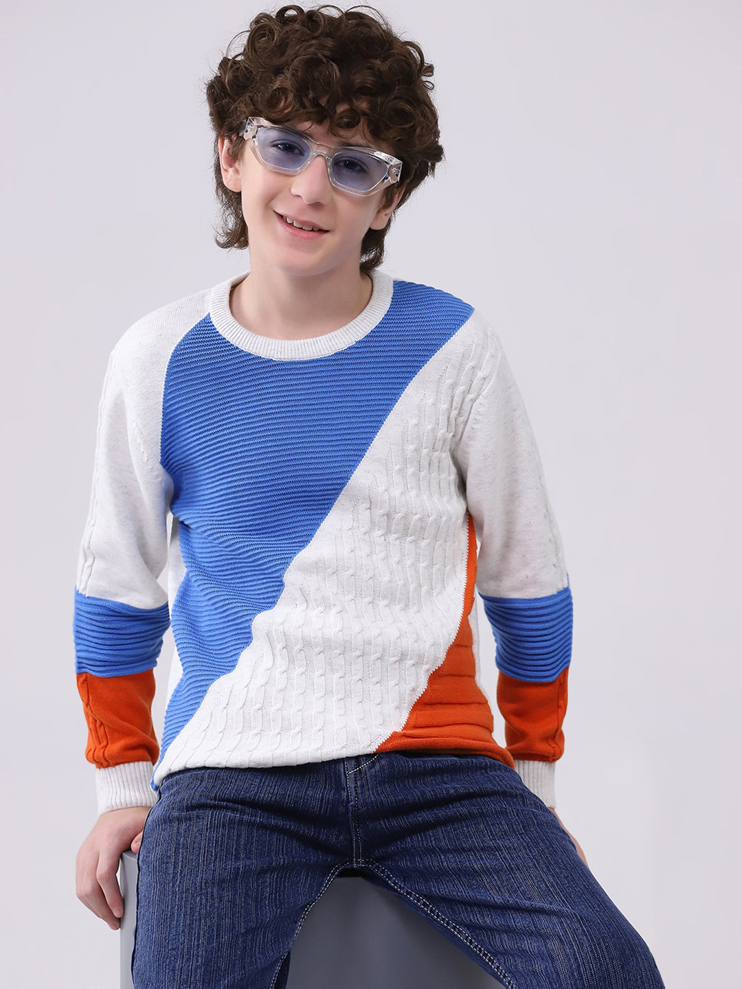 Boys White Self Design Round Neck Full Sleeve Pullover