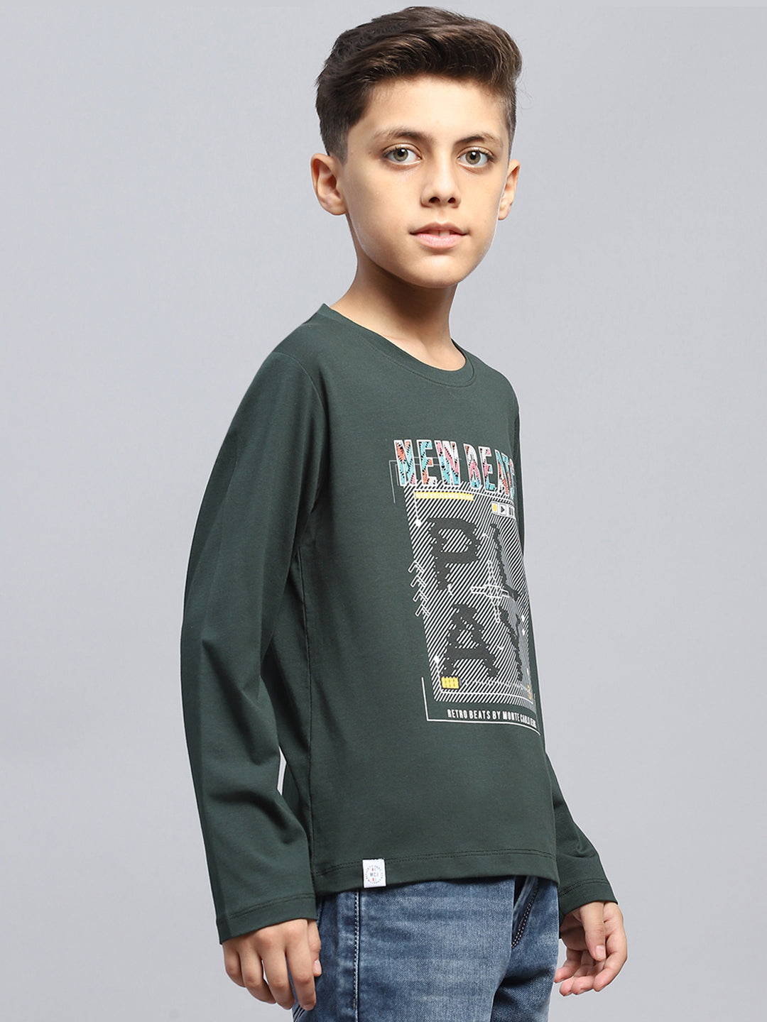 Boys Green Printed Round Neck Full Sleeve T-Shirt