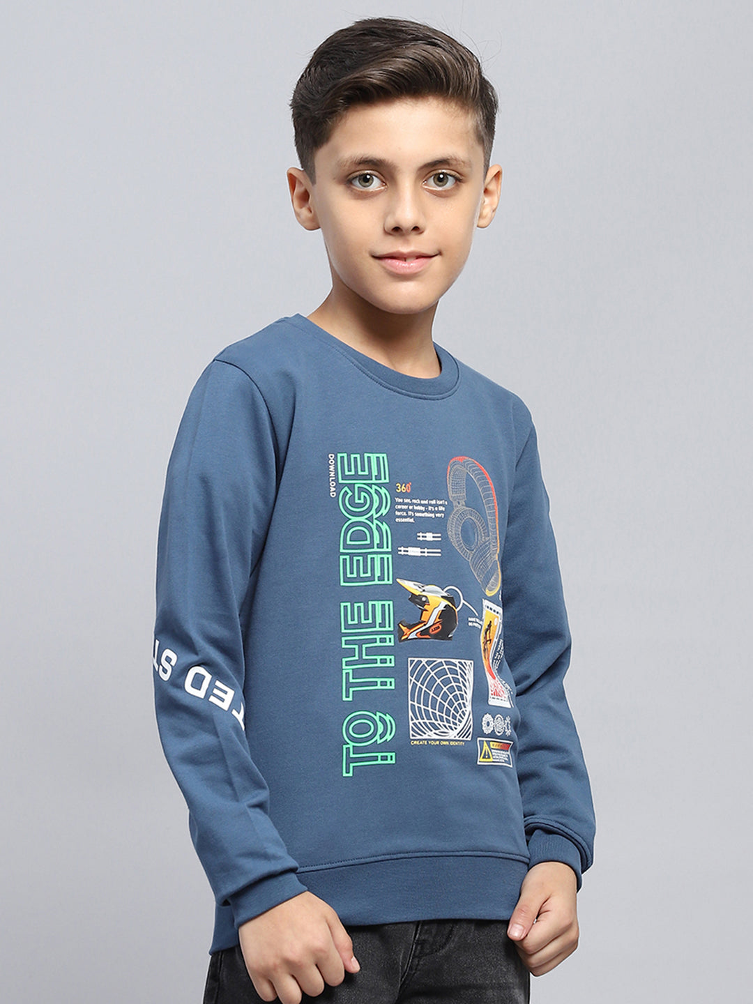Boys Teal Blue Printed Round Neck Full Sleeve T-Shirt