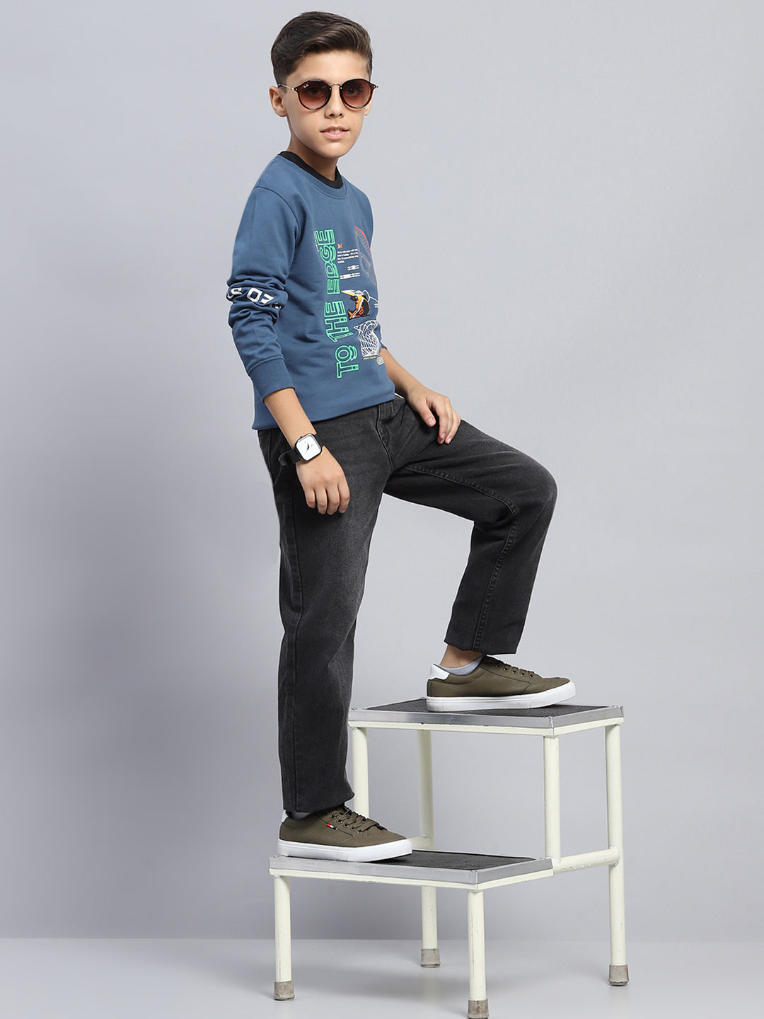 Boys Teal Blue Printed Round Neck Full Sleeve T-Shirt