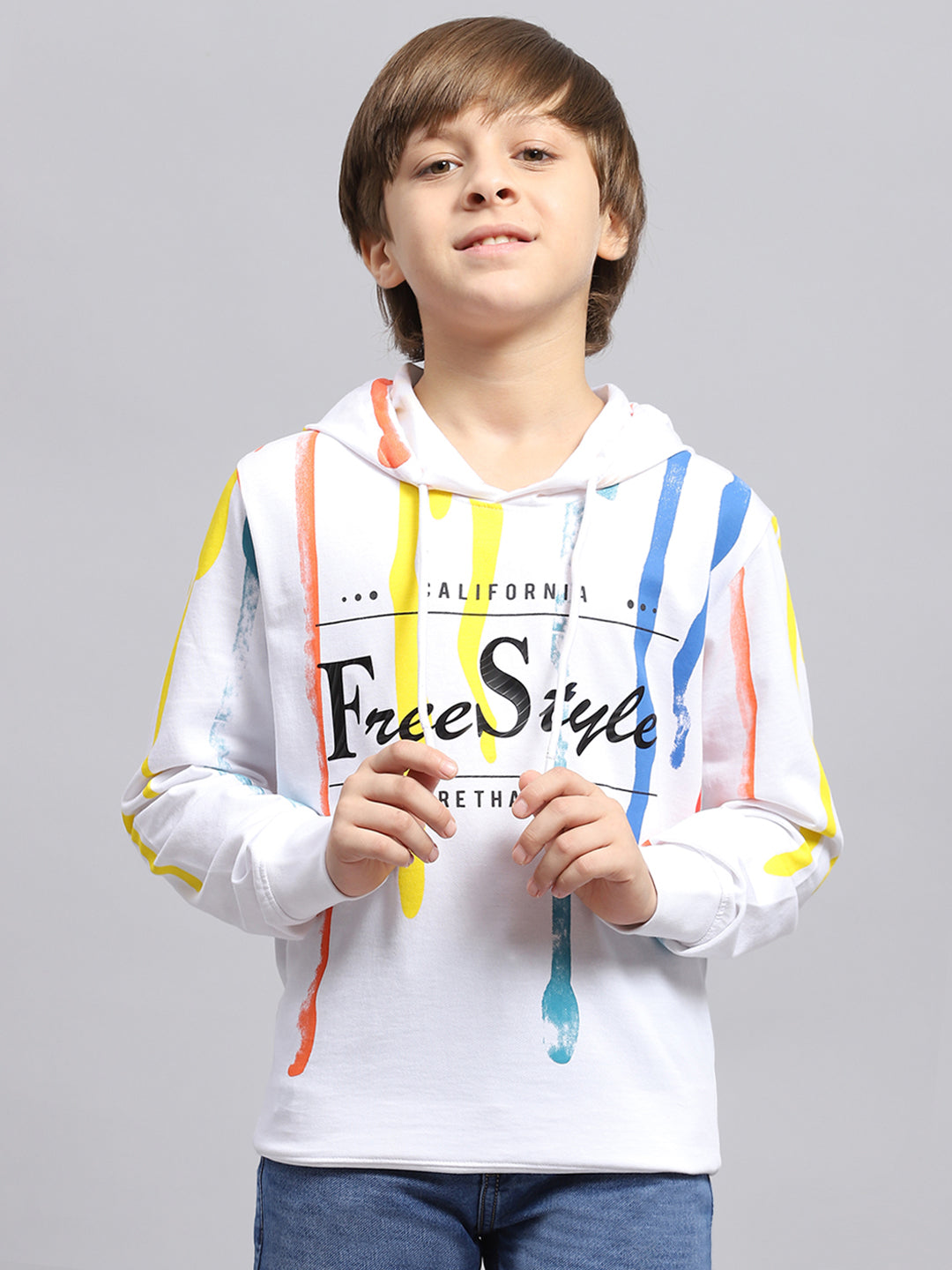 Boys White Printed Hooded Full Sleeve Sweatshirt