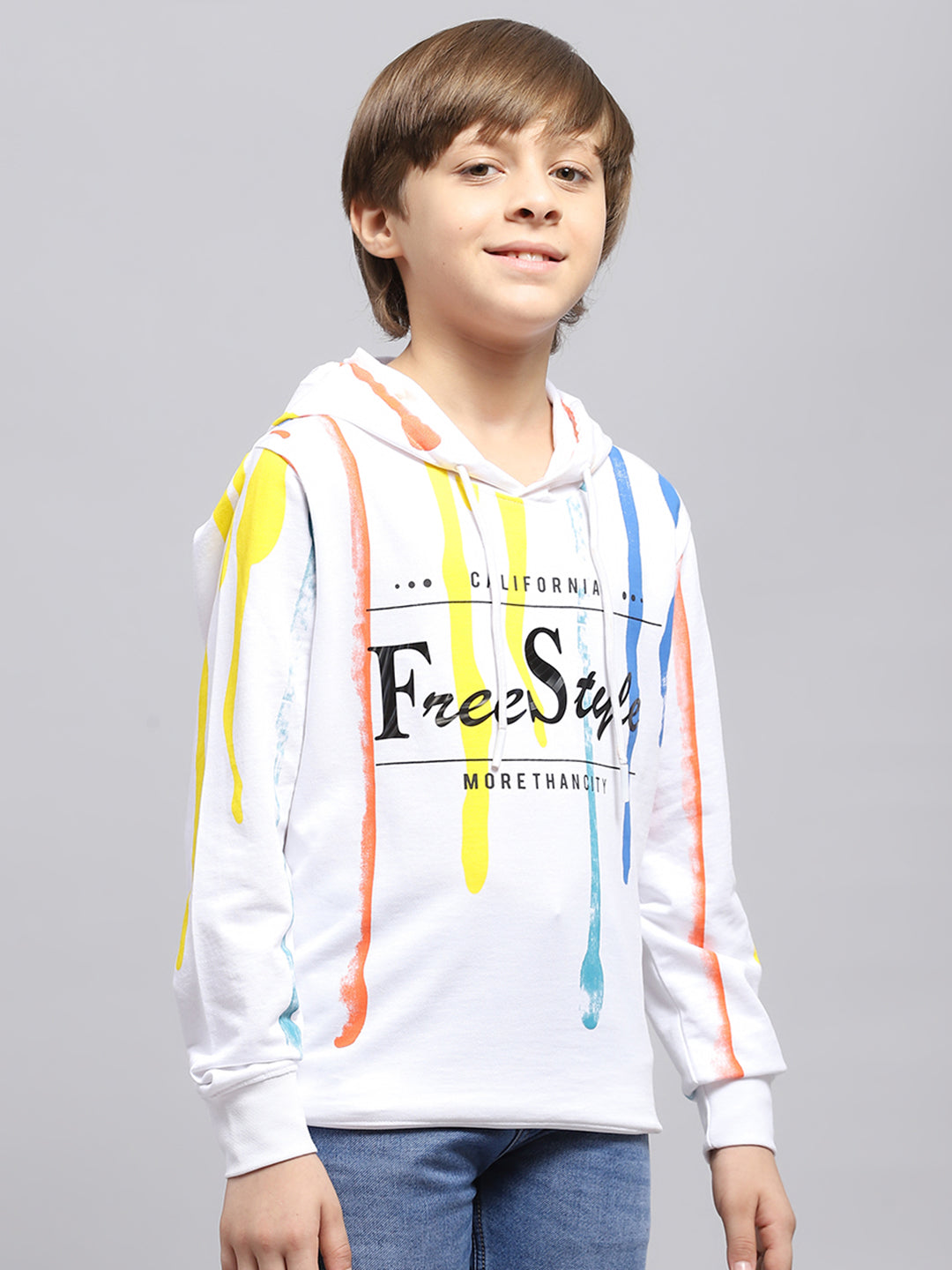 Boys White Printed Hooded Full Sleeve Sweatshirt