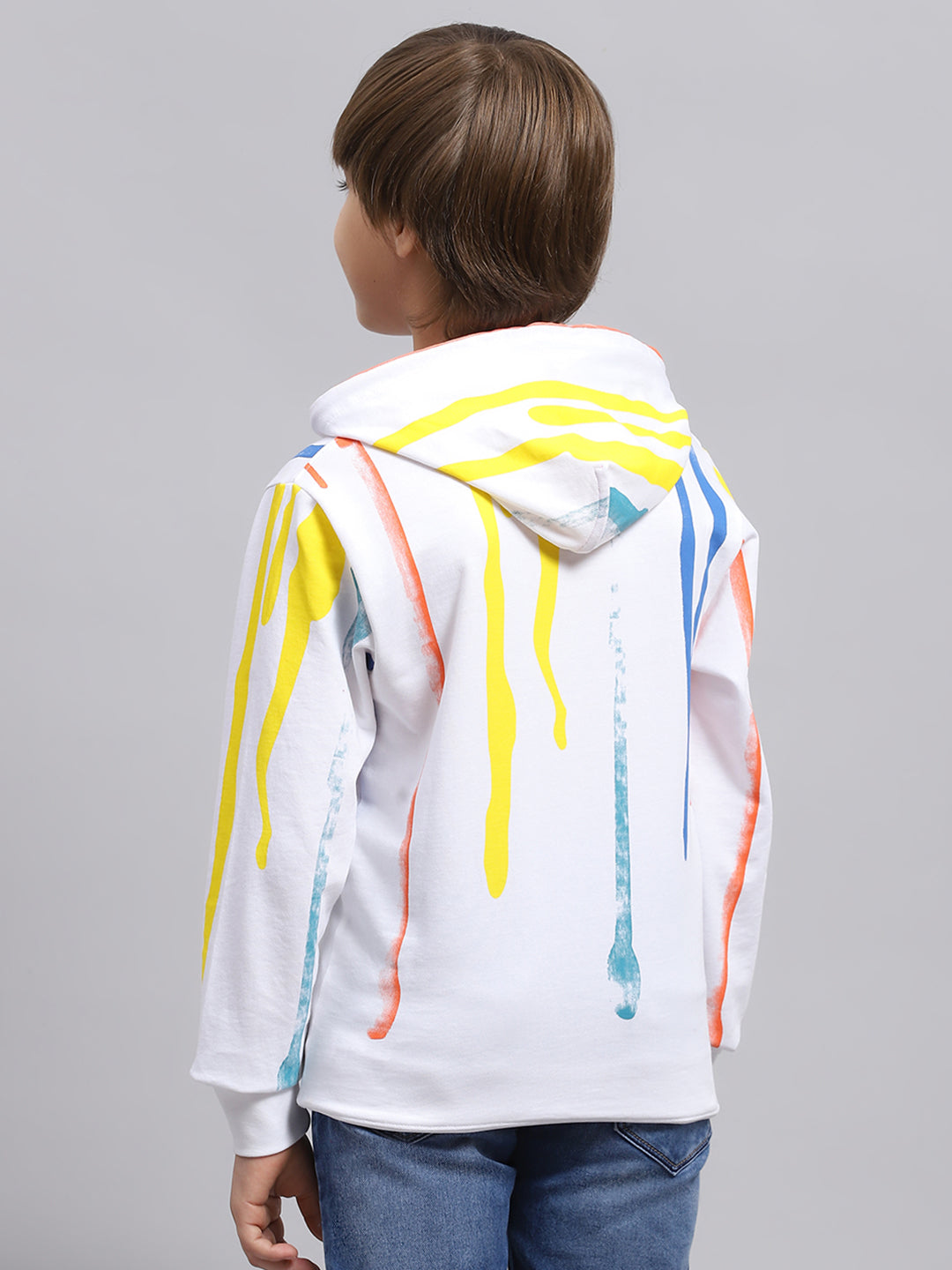 Boys White Printed Hooded Full Sleeve Sweatshirt
