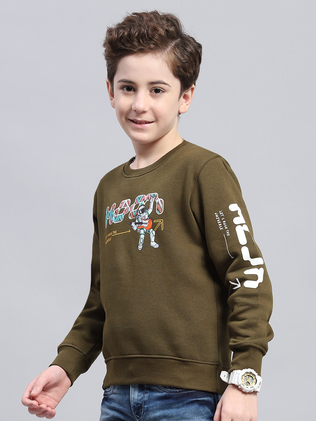 Boys Olive Printed Round Neck Full Sleeve Sweatshirt
