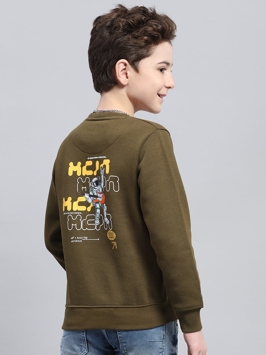 Boys Olive Printed Round Neck Full Sleeve Sweatshirt