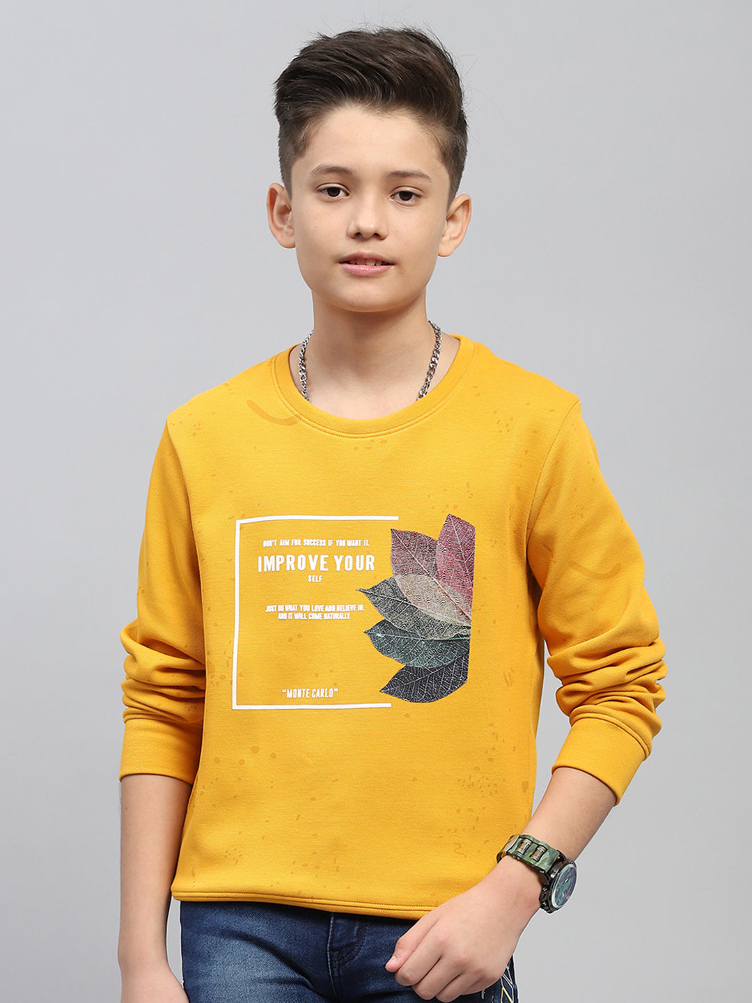 Boys Yellow Printed Round Neck Full Sleeve Sweatshirt