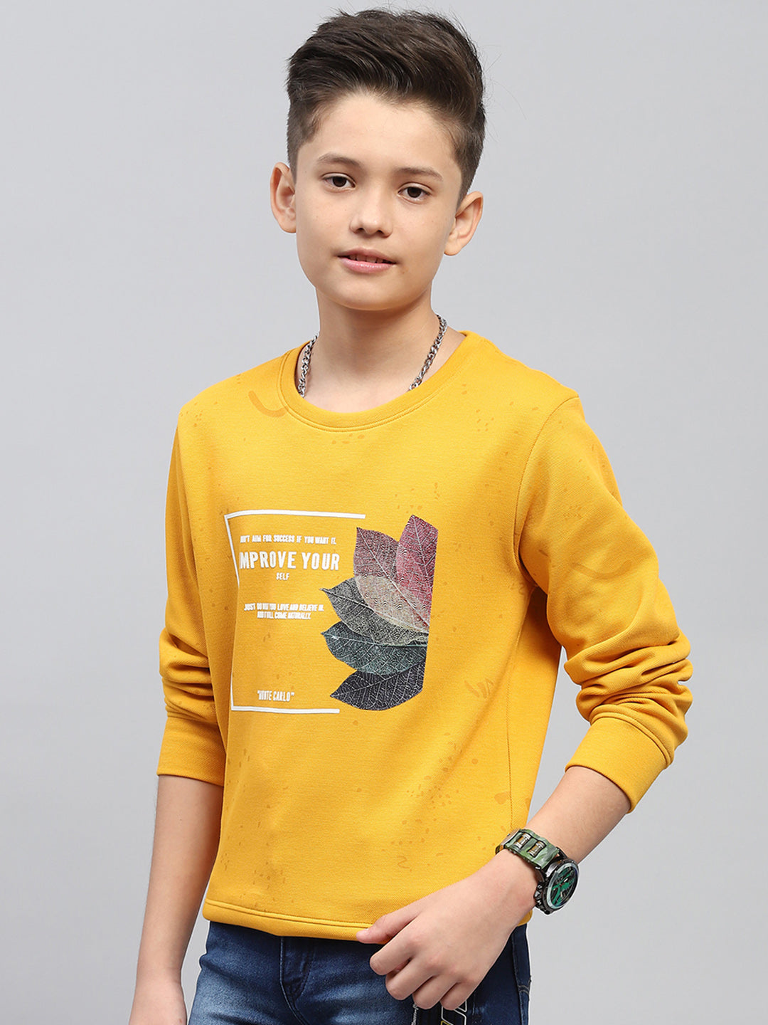 Boys Yellow Printed Round Neck Full Sleeve Sweatshirt